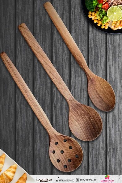 Doğal Ceviz Ağacı Ahşap Tahta Kaşık Spatula Kevgir Çatal Seti Ağaç Kaşık (3 lü Set) A4