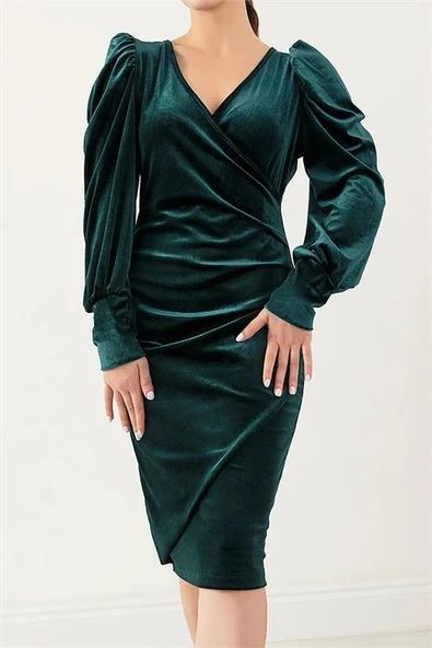 Dipmoda kadın kruvaze yaka büzgülü kadife elbise DPKKLF68 - Zümrüt ürün görseli 1