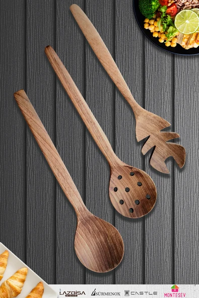 Doğal Ceviz Ağacı Ahşap Tahta Kaşık Spatula Kevgir Çatal Seti Ağaç Kaşık (3 lü Set) A5