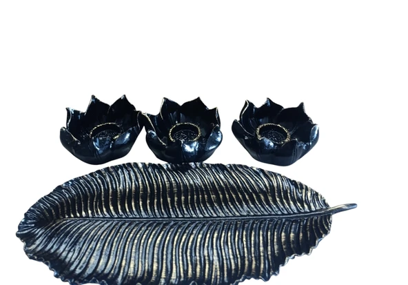 SİYAH RENK kırılmaz polyester,3 lü mumluk biblo - Resim 3