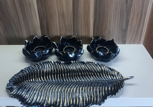 SİYAH RENK kırılmaz polyester,3 lü mumluk biblo - Resim 6