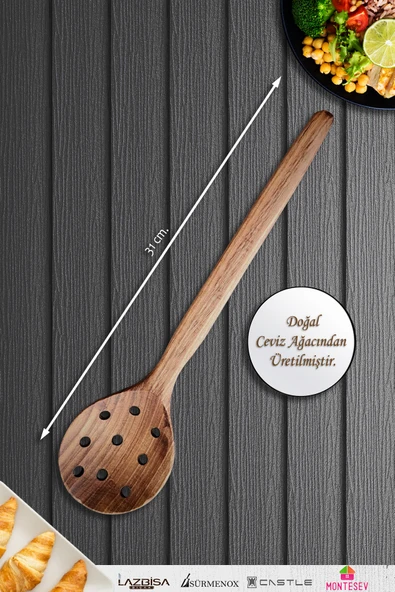 Doğal Ceviz Ağacı Ahşap Tahta Kaşık Spatula Kevgir Çatal Seti Ağaç Kaşık (3 lü Set) A8 - Resim 2