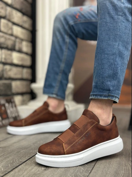 ET0307 Kalın Yüksek Taban Çift Bant Taba Beyaz Erkek Ayakkabı - Resim 2