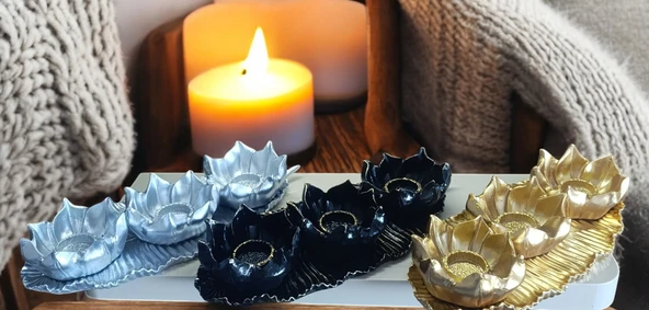 SİYAH RENK kırılmaz polyester,3 lü mumluk biblo - Resim 9