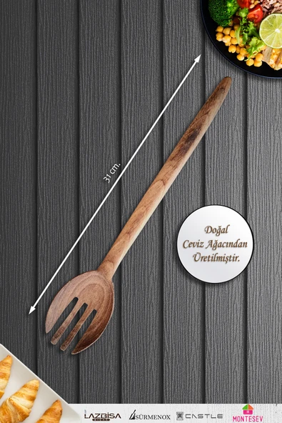 Doğal Ceviz Ağacı Ahşap Tahta Kaşık Spatula Kevgir Çatal Seti Ağaç Kaşık (3 lü Set) A8 - Resim 3