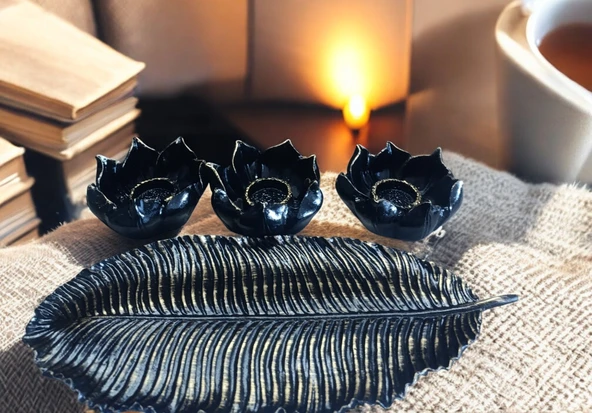 SİYAH RENK kırılmaz polyester,3 lü mumluk biblo - Resim 8