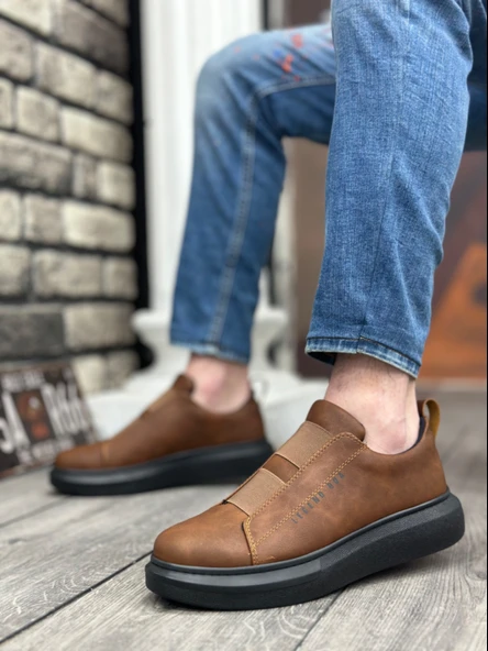 ET0307 Kalın Yüksek Taban Çift Bant Taba Siyah Erkek Ayakkabı - Resim 2