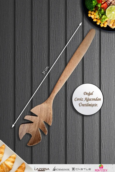 Doğal Ceviz Ağacı Ahşap Tahta Kaşık Spatula Kevgir Çatal Seti Ağaç Kaşık (3 lü Set) A8 - Resim 4