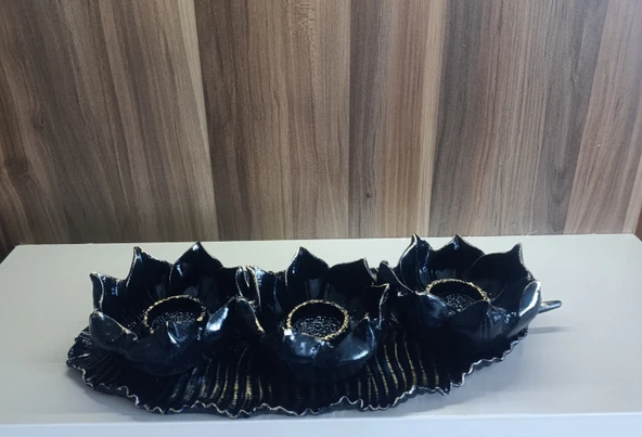 SİYAH RENK kırılmaz polyester,3 lü mumluk biblo - Resim 5