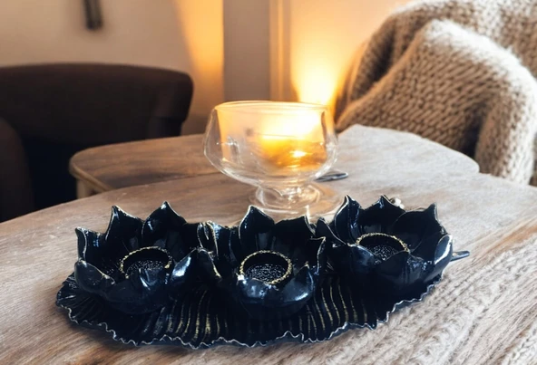 SİYAH RENK kırılmaz polyester,3 lü mumluk biblo - Resim 10