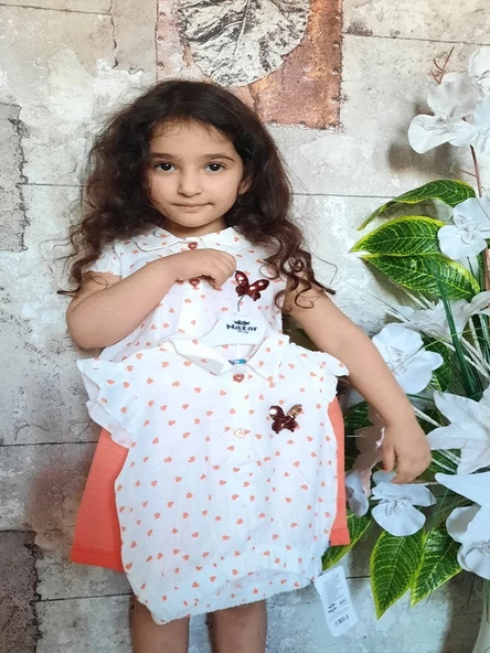 Nazar Kalp Desenli beyaz Viskon Kız Çocuk Takım - 6