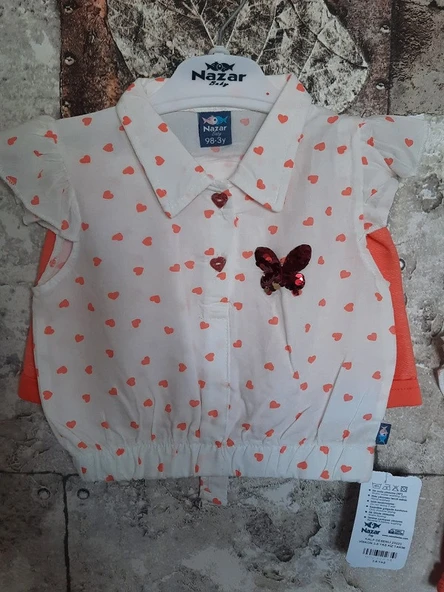 Nazar Kalp Desenli beyaz Viskon Kız Çocuk Takım