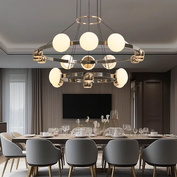 Apliqa Dilay 18'li İki Katlı Siyah Gold 160 Watt Yuvarlak Modern, Kafe Restoran, Salon Led Sarkıt Avize ürün görseli