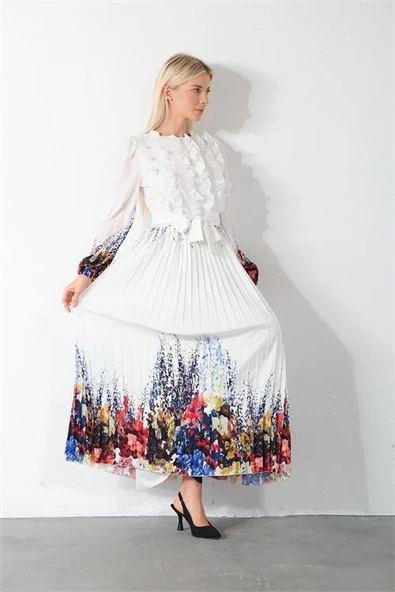 Dipmoda kadın beyaz kuşaklı tasarım elbise DPMS42156 - Resim 2