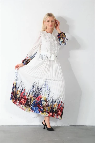 Dipmoda kadın beyaz kuşaklı tasarım elbise DPMS42156 - Resim 3