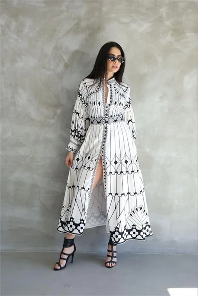 Dipmoda kadın atlas kumaş desenli elbise DPMS42129 - Resim 2