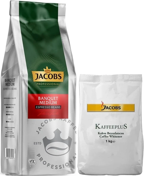 Jacobs Medium Çekirdek Kahve 1KG (Espresso Beans) & Kaffeeplus Süt Tozu 1KG (Karma 2 Li Set)