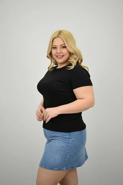 Kadın Büyük Beden Kısa Kollu Bisiklet Yaka Basic T-shirt 1965-25 - 5