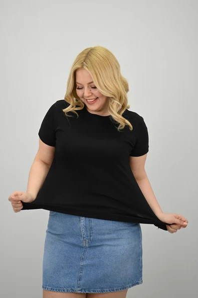 Kadın Büyük Beden Kısa Kollu Bisiklet Yaka Basic T-shirt 1965-25 - 7