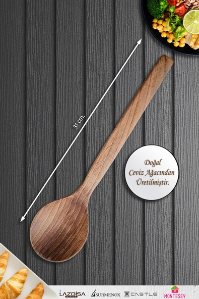 Doğal Ceviz Ağacı Ahşap Tahta Kaşık Spatula Kevgir Çatal Seti Ağaç Kaşık (5 li Set) A14 - Resim 4