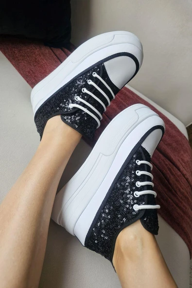001 S43 Ops Topukla Kadın Pullu 5 cm Kalın Tabanlı Spor Ayakkabı - 6