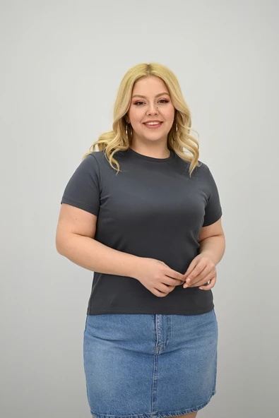 Kadın Büyük Beden Kısa Kollu Bisiklet Yaka Basic T-shirt 1965-25 - 2