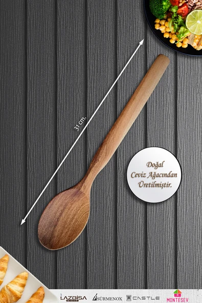 Doğal Ceviz Ağacı Ahşap Tahta Kaşık Spatula Kevgir Çatal Seti Ağaç Kaşık (5 li Set) A13 - Resim 5