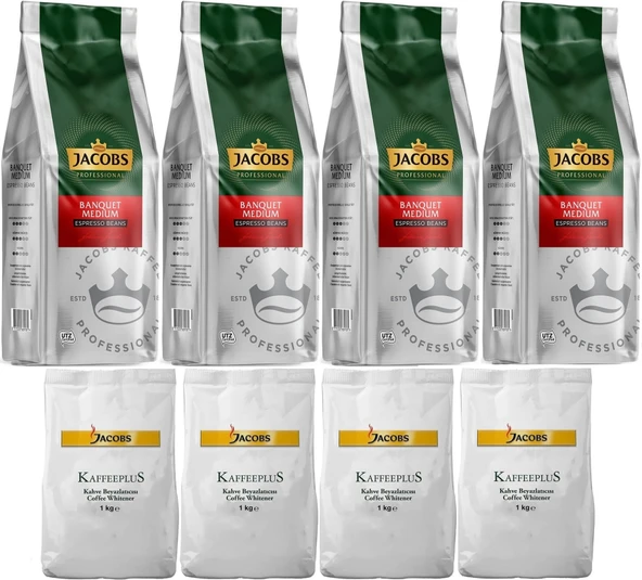 Jacobs Medium Çekirdek Kahve 1KG (Espresso Beans) & Kaffeeplus Süt Tozu 1KG (Karma 8 Li Set)