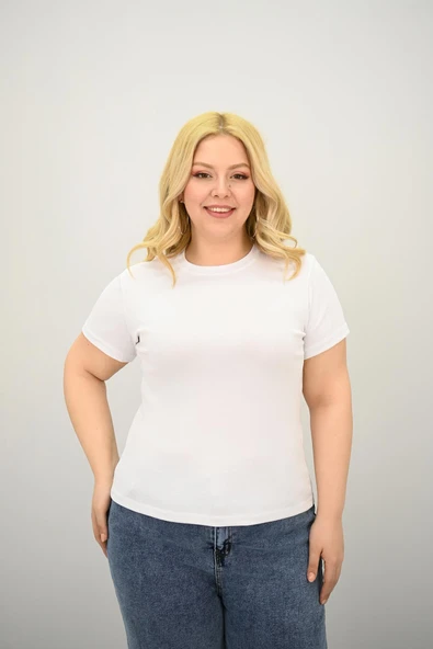 Kadın Büyük Beden Kısa Kollu Bisiklet Yaka Basic T-shirt 1965-25 - 11