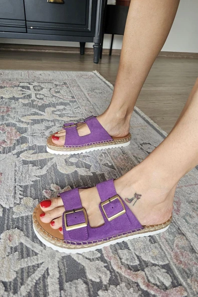 0010 050 Topukla Kadın Hakiki Deri Çift Tokalı Terlik - 4