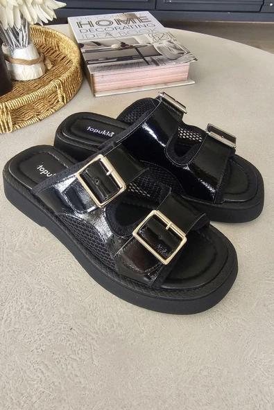 022 20711 Topukla Kadın Hakiki Deri Çift Tokalı File Detaylı Konford Terlik - 5