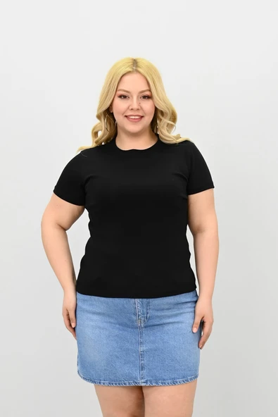 Kadın Büyük Beden Kısa Kollu Bisiklet Yaka Basic T-shirt 1965-25 - 3