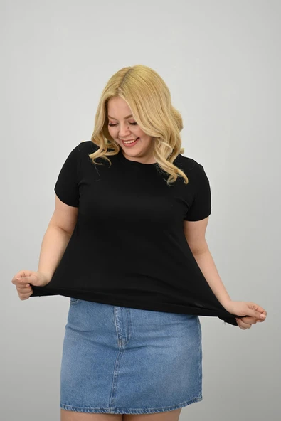 Kadın Büyük Beden Kısa Kollu Bisiklet Yaka Basic T-shirt 1965-25 - 6