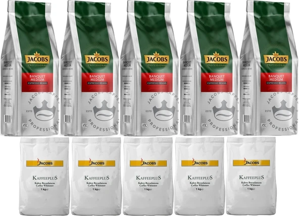 Jacobs Medium Çekirdek Kahve 1KG (Espresso Beans) & Kaffeeplus Süt Tozu 1KG (Karma 10 Lu Set)