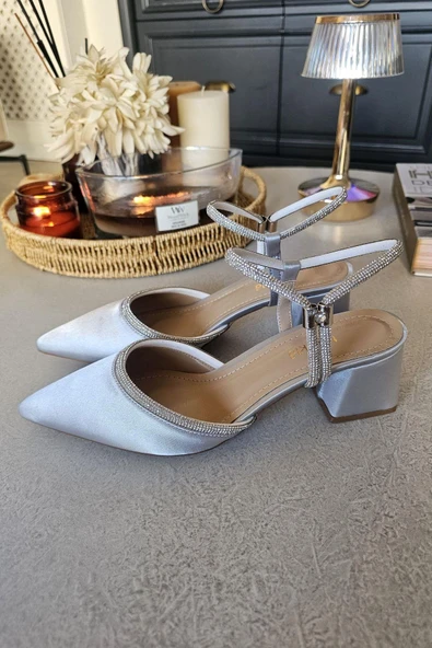 10 55 Topukla Kadın Kalın Topuklu Bileden Bağlamalı Taşlı Abiye Ayakkabı - 7