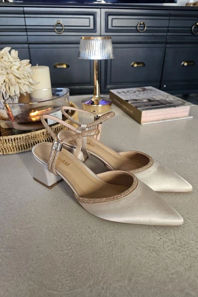 10 55 Topukla Kadın Kalın Topuklu Bileden Bağlamalı Taşlı Abiye Ayakkabı - 9