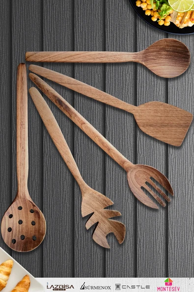 Doğal Ceviz Ağacı Ahşap Tahta Kaşık Spatula Kevgir Çatal Seti Ağaç Kaşık (5 li Set) A14 ürün görseli