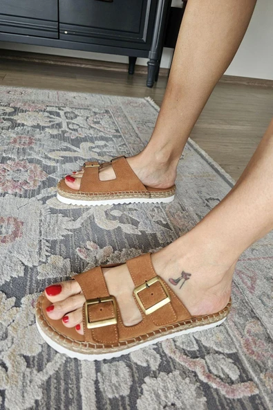 0010 050 Topukla Kadın Hakiki Deri Çift Tokalı Terlik - 5