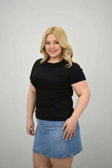 Kadın Büyük Beden Kısa Kollu Bisiklet Yaka Basic T-shirt 1965-25 - 5