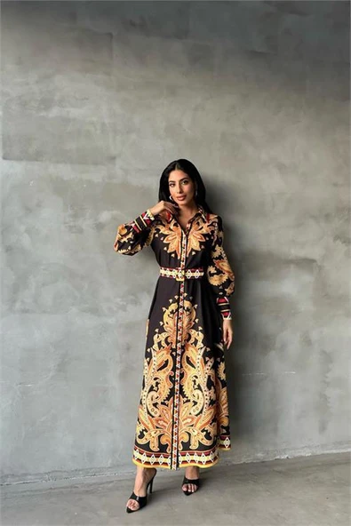 Dipmoda kadın siyah kemerli uzun elbise DPMS2395 ürün görseli