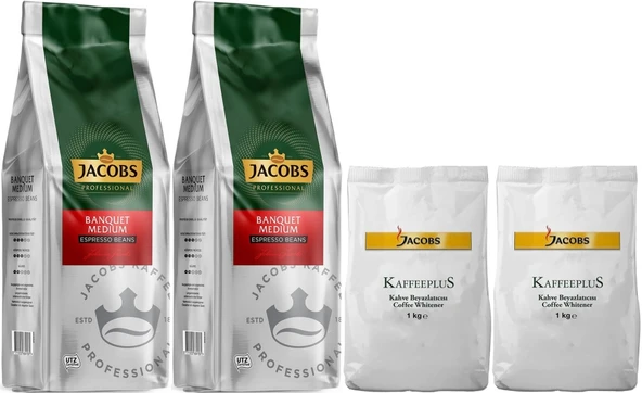 Jacobs Medium Çekirdek Kahve 1KG (Espresso Beans) & Kaffeeplus Süt Tozu 1KG (Karma 4 Lü Set)