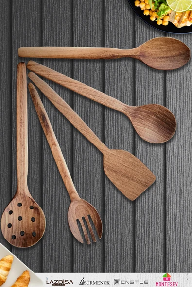 Doğal Ceviz Ağacı Ahşap Tahta Kaşık Spatula Kevgir Çatal Seti Ağaç Kaşık (5 li Set) A13 ürün görseli