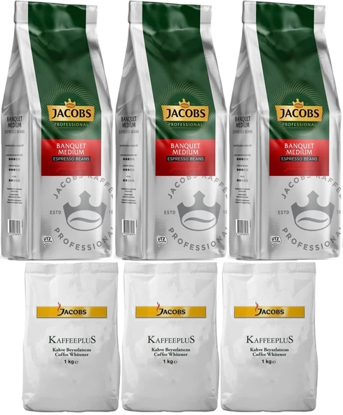 Jacobs Medium Çekirdek Kahve 1KG (Espresso Beans) & Kaffeeplus Süt Tozu 1KG (Karma 6 Lı Set)