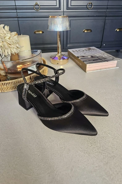 10 55 Topukla Kadın Kalın Topuklu Bileden Bağlamalı Taşlı Abiye Ayakkabı - 8