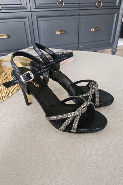 10 1088 Topukla Kadın İnce 9 cm Topuklu Taşlı Abiye Ayakkabı - Resim 12