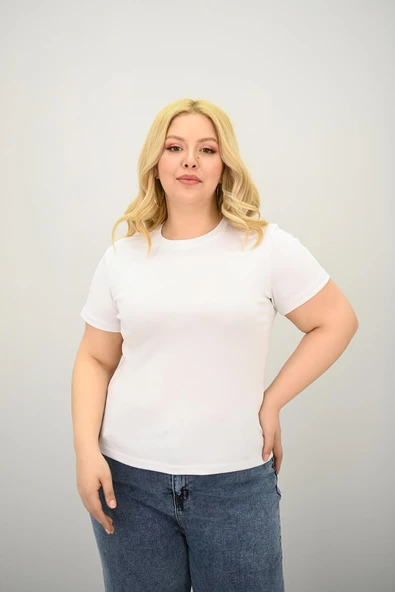 Kadın Büyük Beden Kısa Kollu Bisiklet Yaka Basic T-shirt 1965-25 - 12