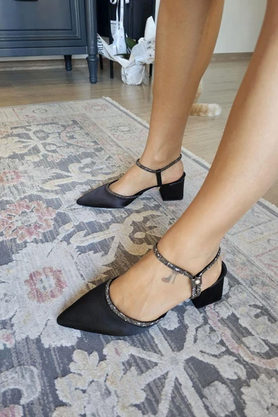 10 55 Topukla Kadın Kalın Topuklu Bileden Bağlamalı Taşlı Abiye Ayakkabı - 5