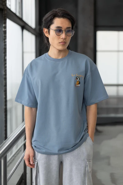 Cep Baskılı İki İplik Kumaş Pamuklu Oversize Erkek T-Shirt - Soğuk Mavi - 8