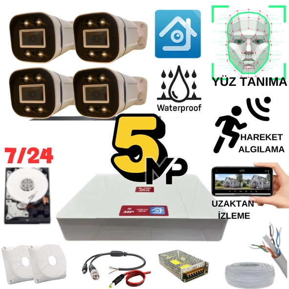 ARNA 5 MP GECE RENKLİ YÜZ TANIMA SESLİ H.265 500 GB HDD DAHİL 4 KAMERALI AHD GÜVENLİK SETİ - ST54500L