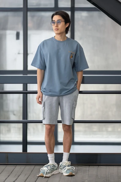Cep Baskılı İki İplik Kumaş Pamuklu Oversize Erkek T-Shirt - Soğuk Mavi - 7